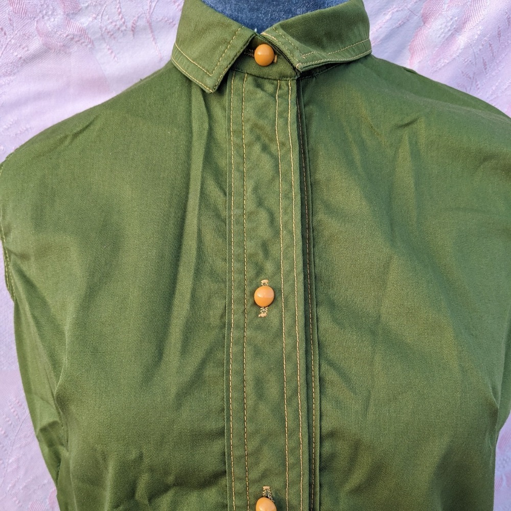 Vintage 60s 70s Mod Mini Dress M Olive Green Button Front Shift Twiggy Utility - Picture 10 of 14